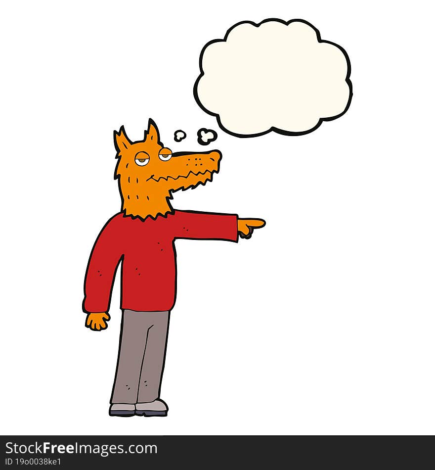 cartoon fox man pointing with thought bubble