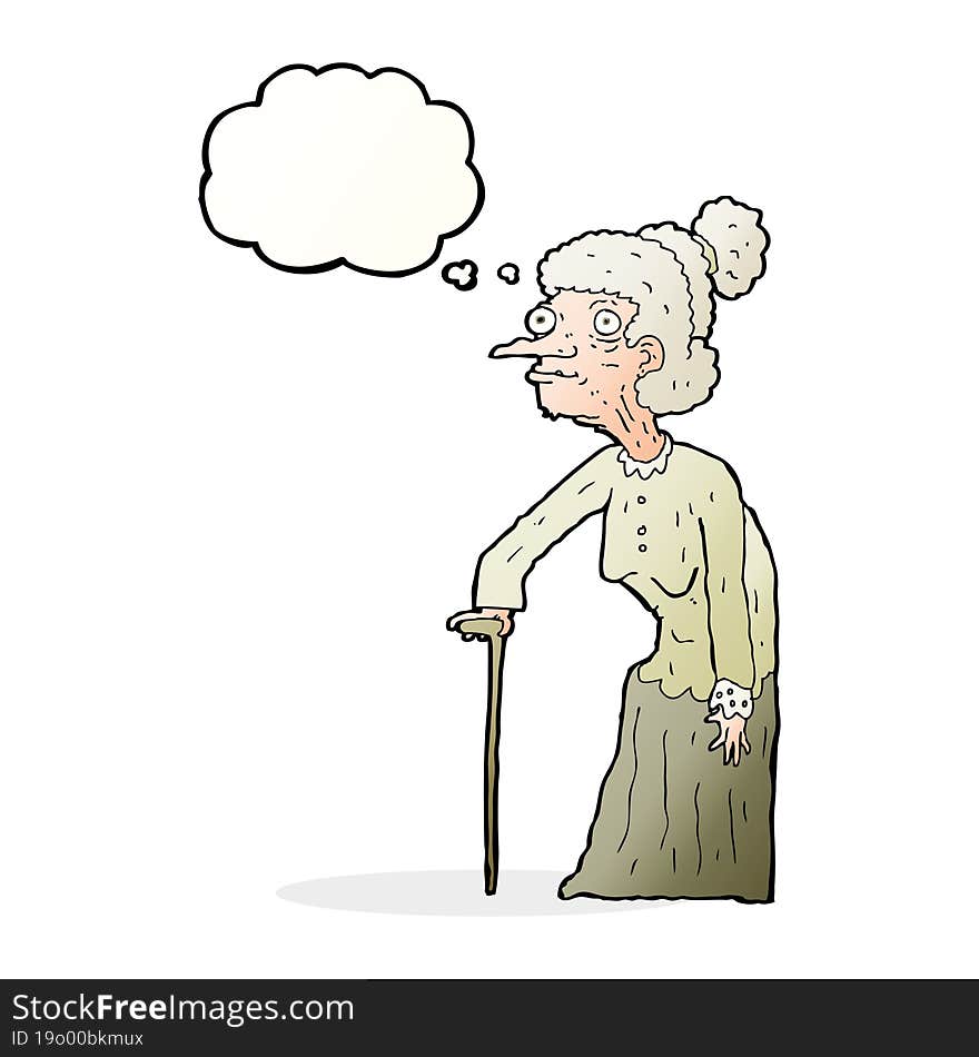 cartoon old woman with thought bubble