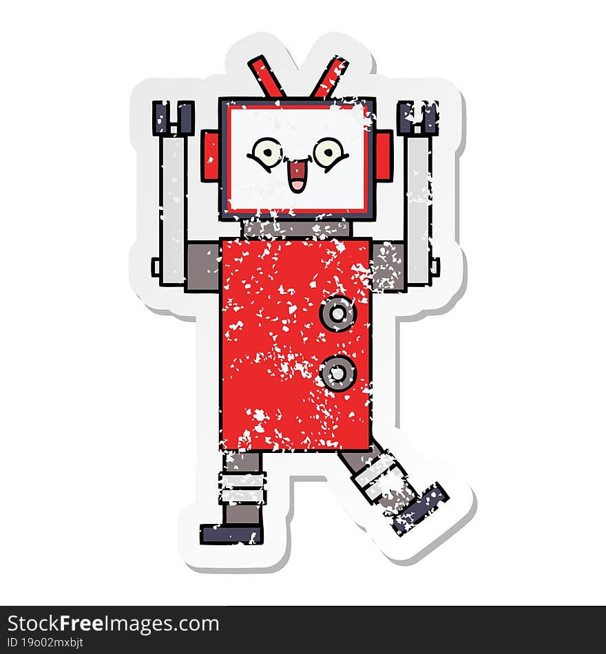 Distressed Sticker Of A Cute Cartoon Happy Robot