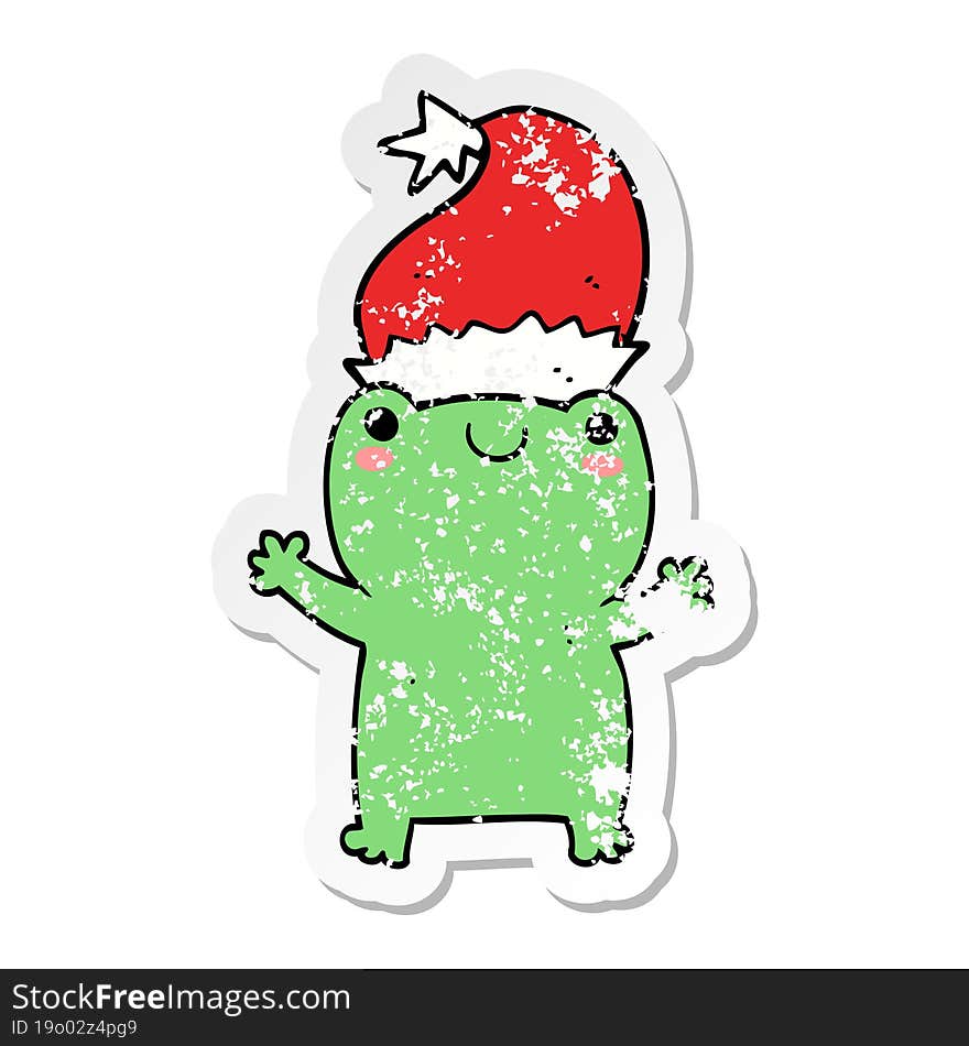 distressed sticker of a cute christmas frog