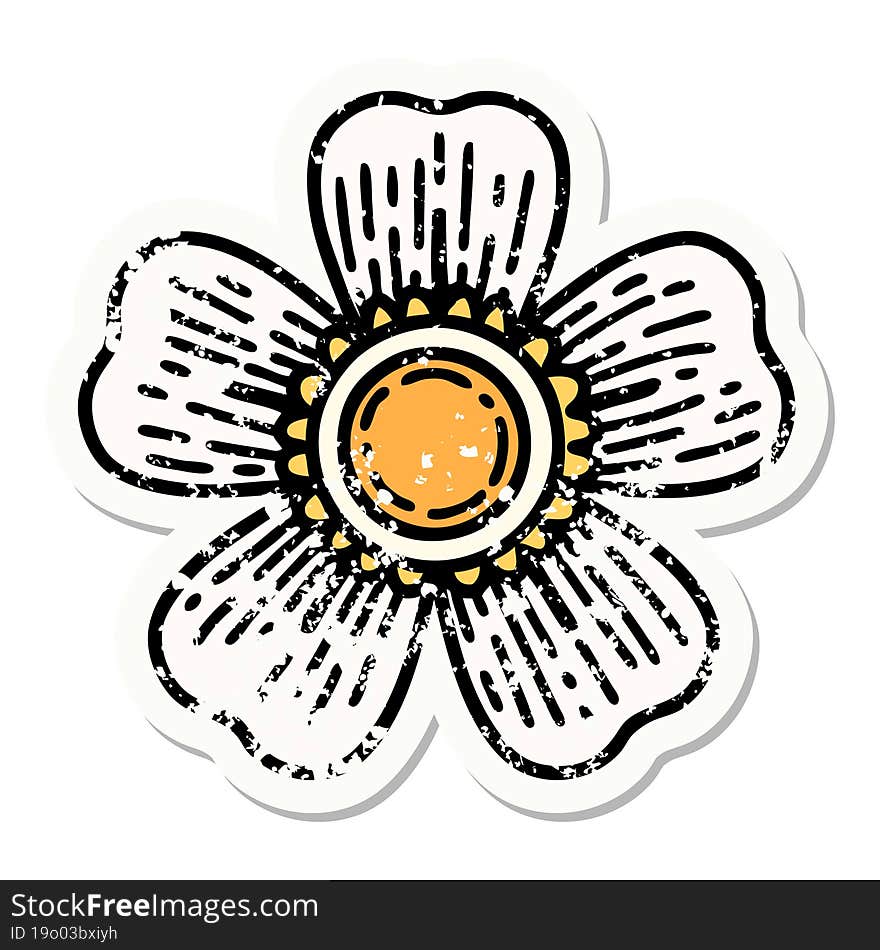 traditional distressed sticker tattoo of a flower