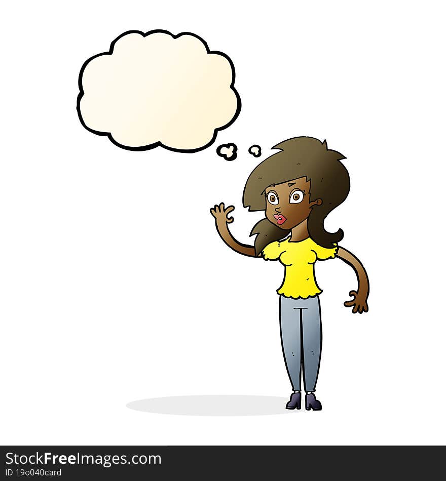 cartoon pretty woman waving with thought bubble