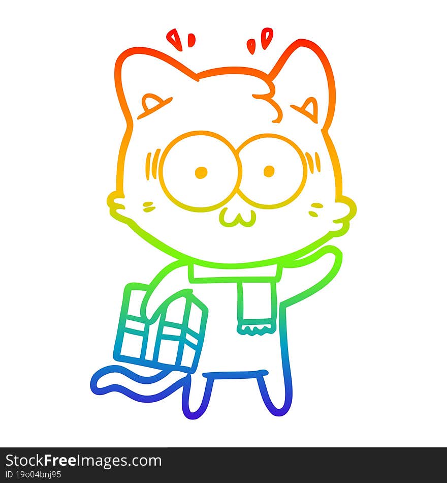 rainbow gradient line drawing of a cartoon surprised cat with christmas present