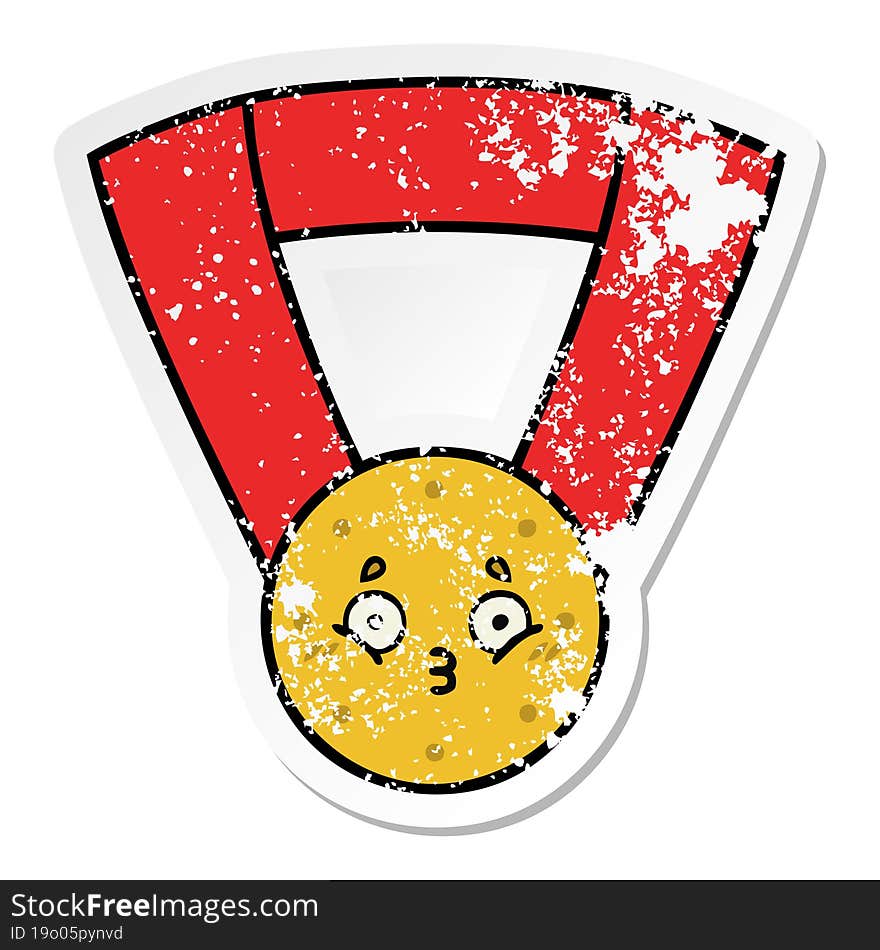 distressed sticker of a cute cartoon gold medal