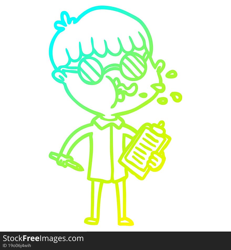 cold gradient line drawing cartoon boy wearing spectacles with clip board