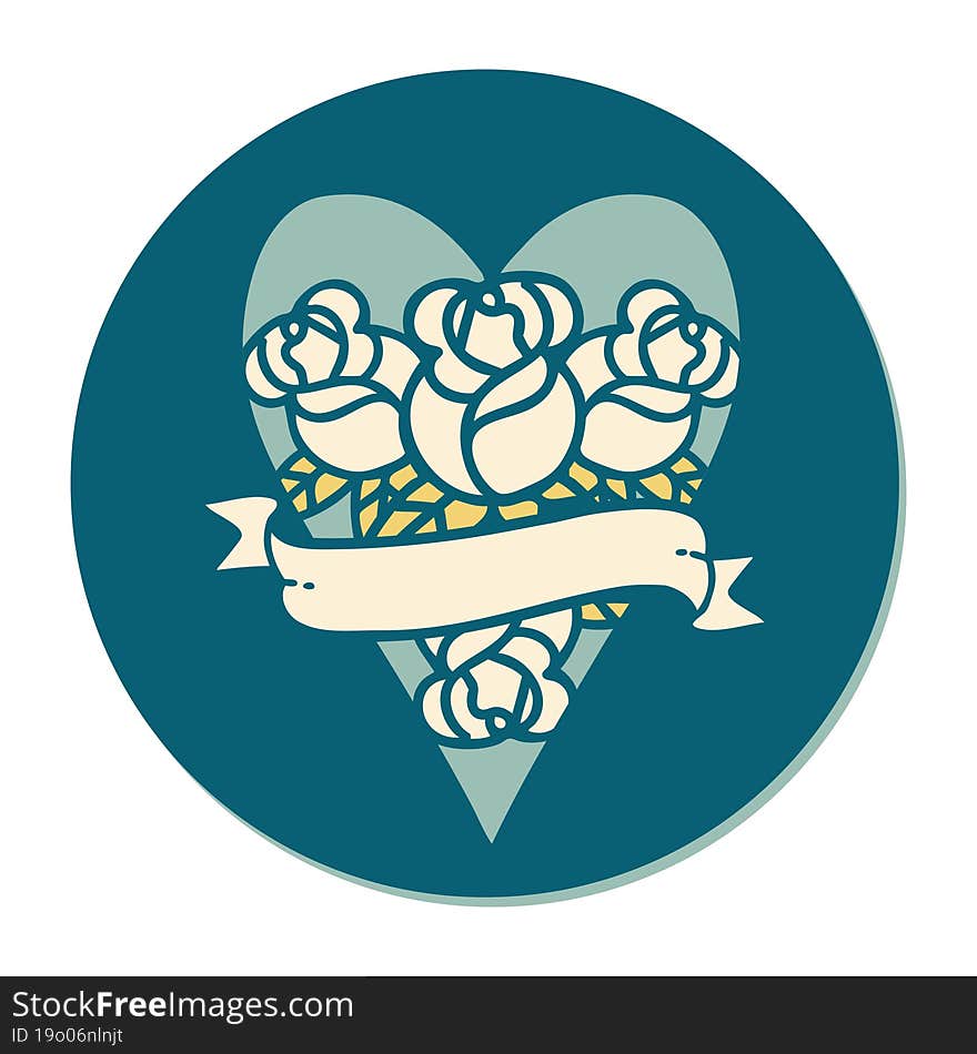 sticker of tattoo in traditional style of a heart and banner with flowers. sticker of tattoo in traditional style of a heart and banner with flowers