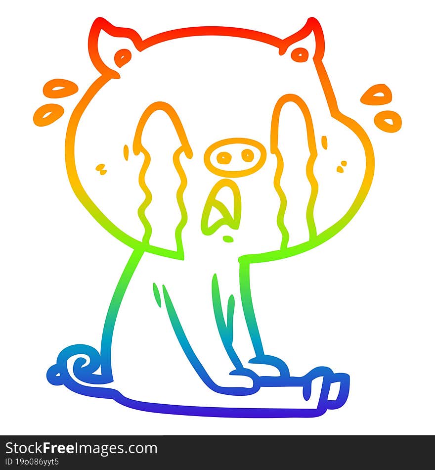 rainbow gradient line drawing crying pig cartoon