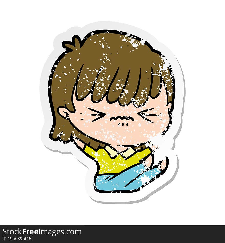 distressed sticker of a annoyed cartoon girl falling over