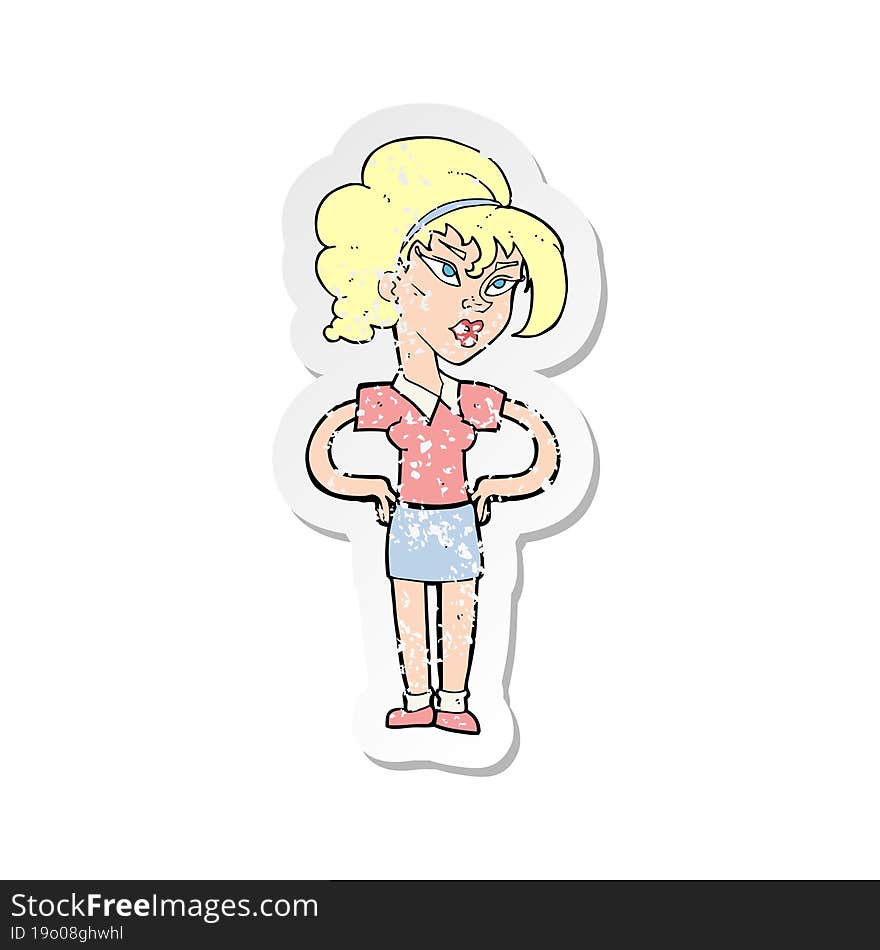 Retro Distressed Sticker Of A Cartoon Woman With Hands On Hips