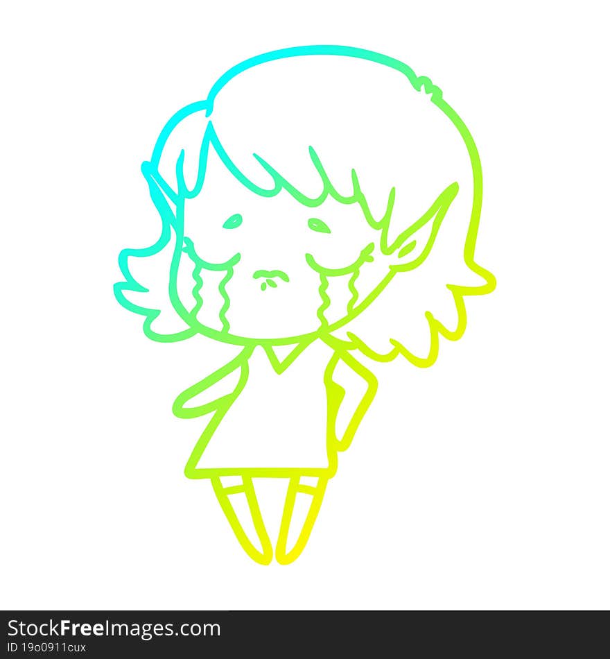 cold gradient line drawing crying cartoon elf girl