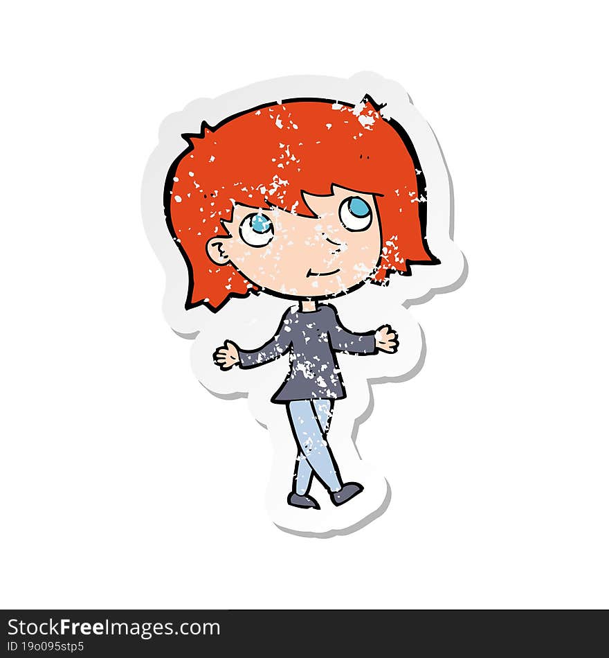 retro distressed sticker of a cartoon girl with no worries