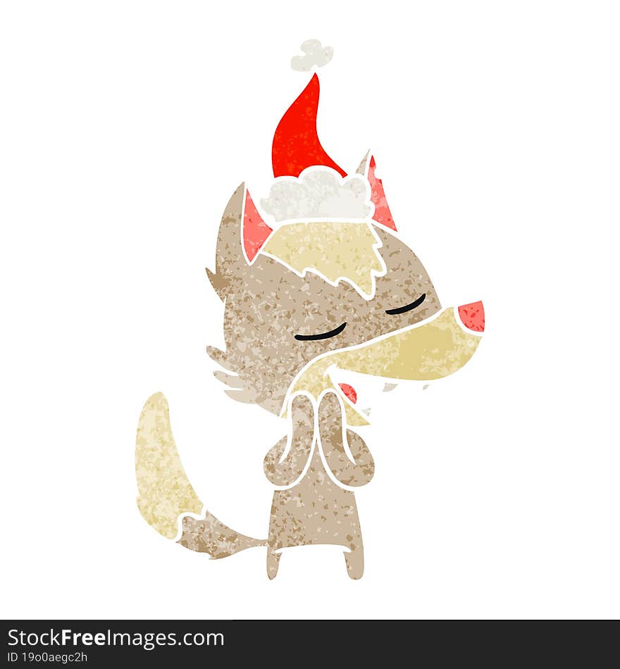 hand drawn retro cartoon of a wolf laughing wearing santa hat