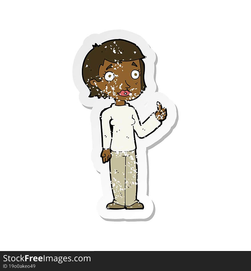 retro distressed sticker of a cartoon woman giving thumbs up symbol