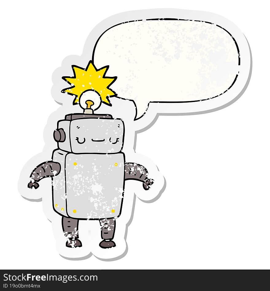 cartoon robot with speech bubble distressed distressed old sticker. cartoon robot with speech bubble distressed distressed old sticker