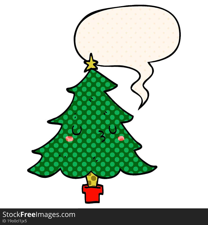 cute cartoon christmas tree and speech bubble in comic book style