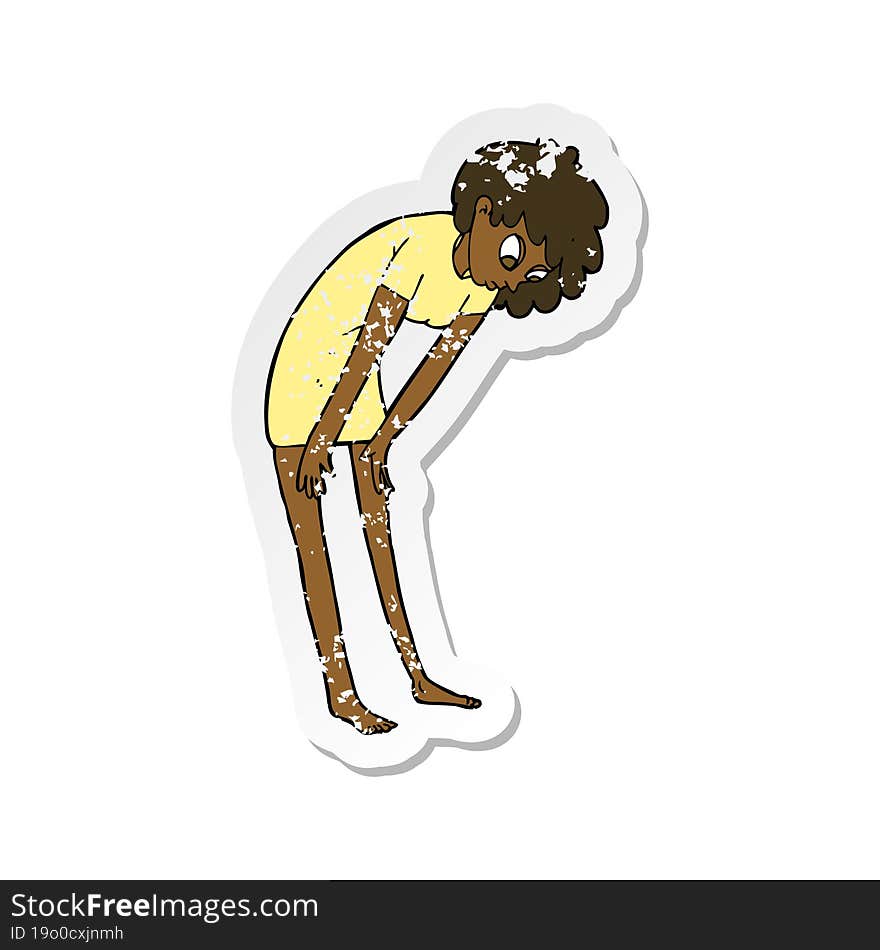 Retro Distressed Sticker Of A Cartoon Woman Looking At Her Feet