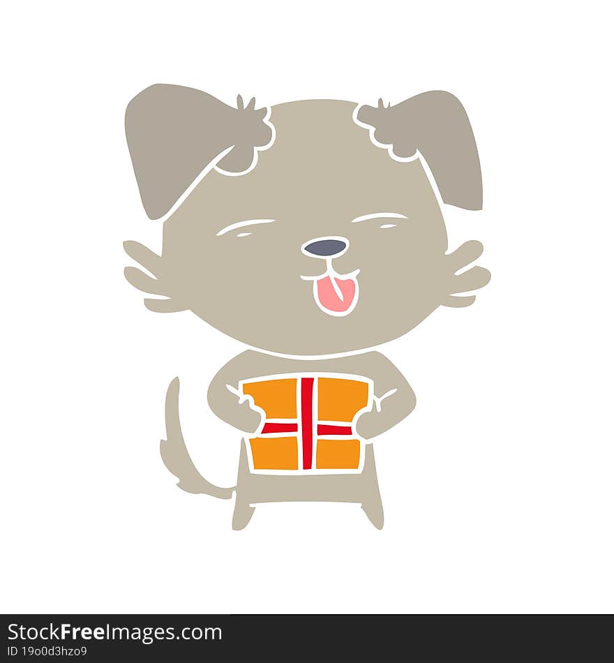 flat color style cartoon dog with christmas present