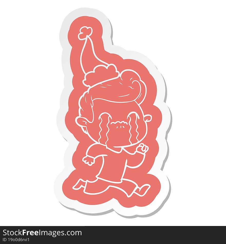 cartoon  sticker of a man crying wearing santa hat