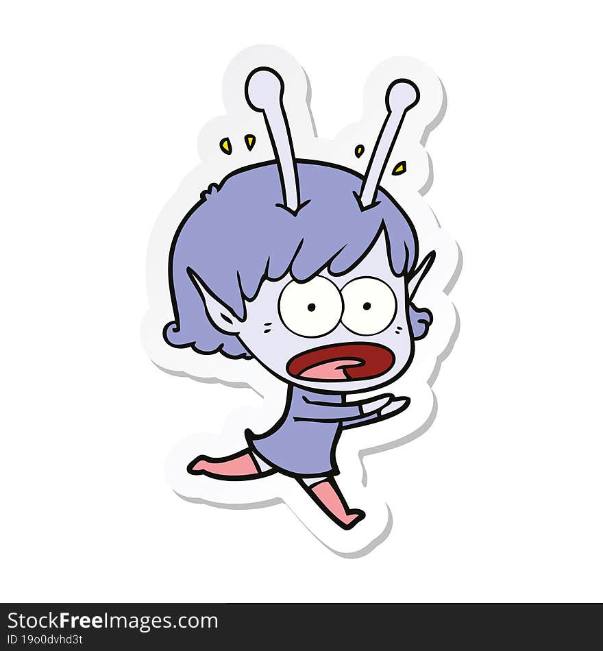 sticker of a cartoon shocked alien girl