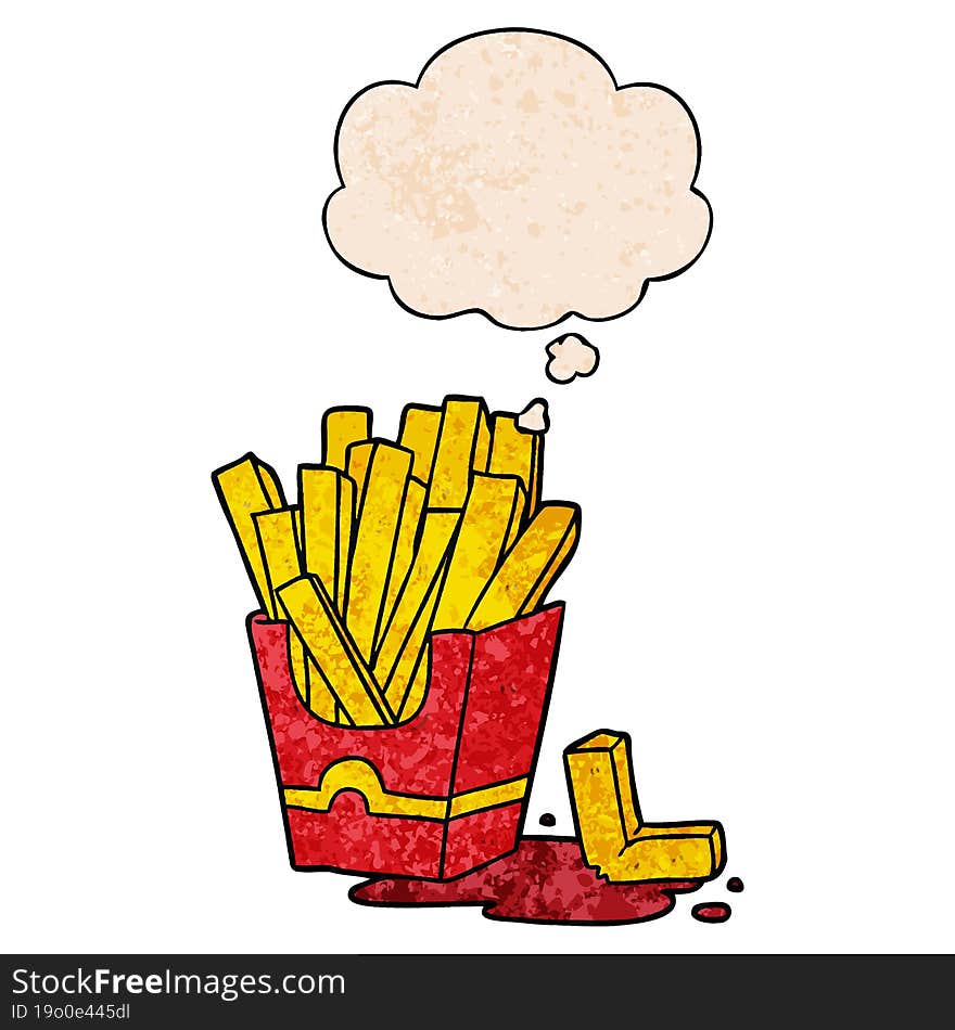 cartoon fries and thought bubble in grunge texture pattern style