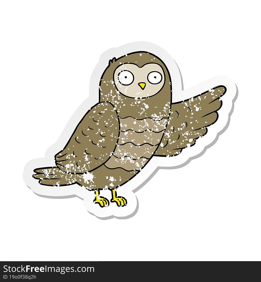 distressed sticker of a cartoon owl pointing