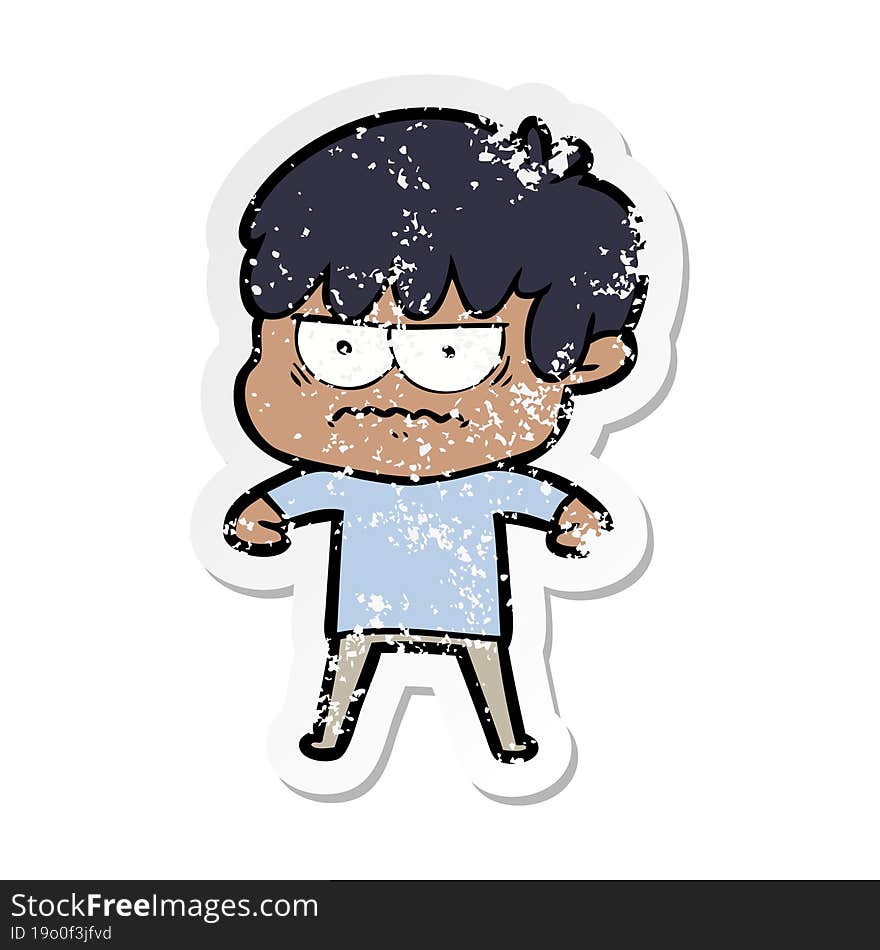 distressed sticker of a annoyed cartoon boy