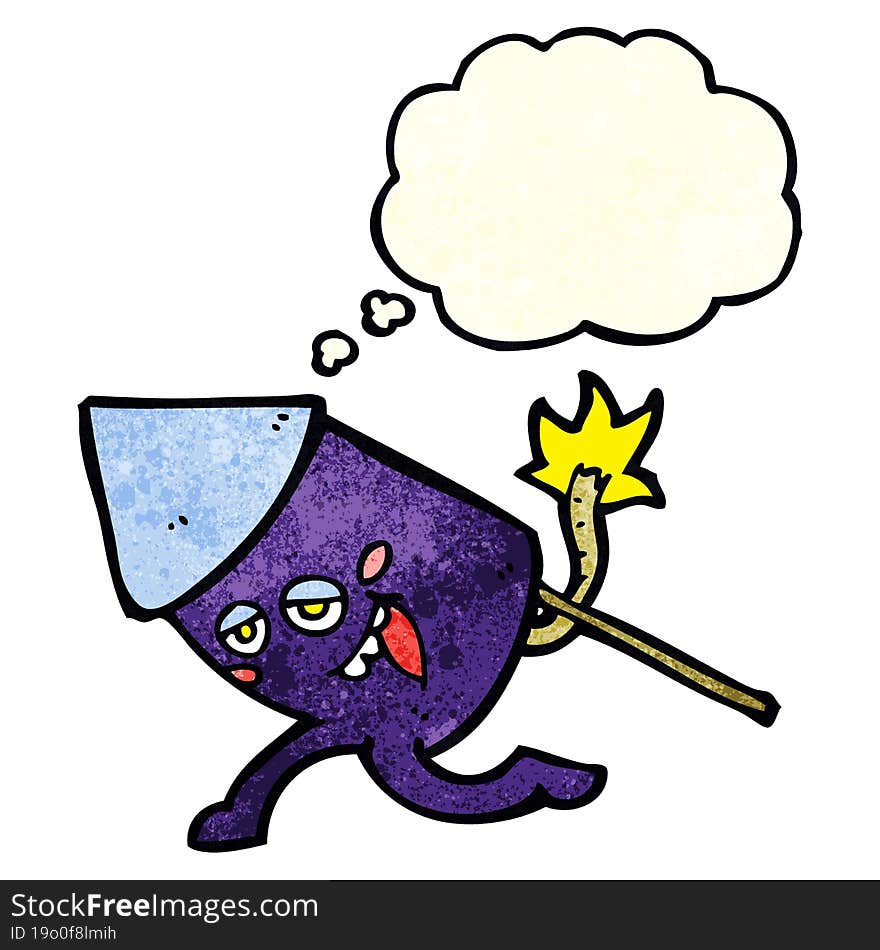 cartoon funny firework character with thought bubble