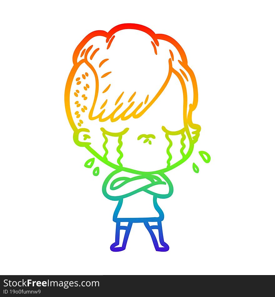 rainbow gradient line drawing cartoon crying girl