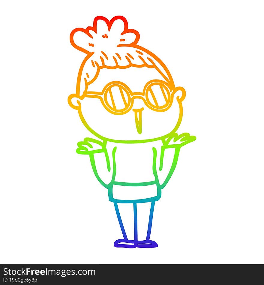 rainbow gradient line drawing cartoon shrugging woman wearing spectacles