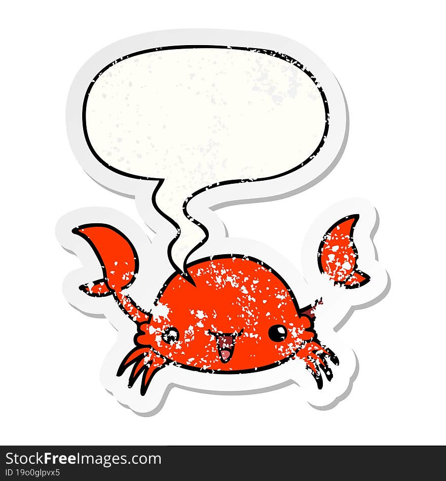 cartoon crab with speech bubble distressed distressed old sticker. cartoon crab with speech bubble distressed distressed old sticker