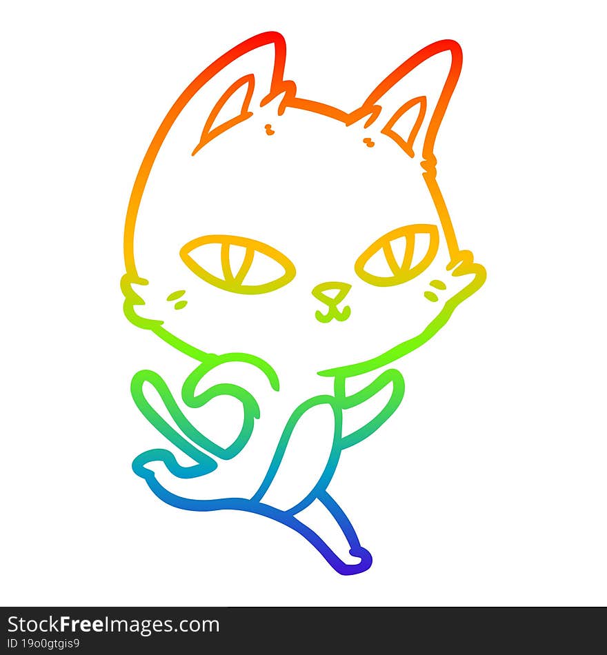 rainbow gradient line drawing cartoon cat staring