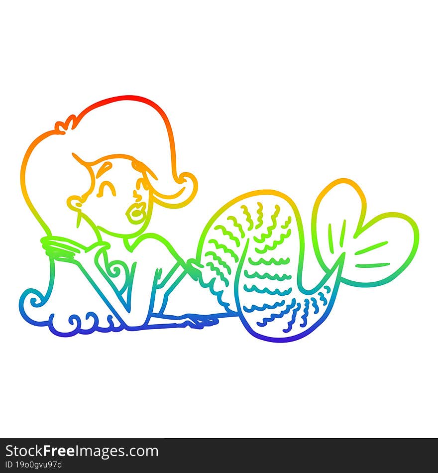 rainbow gradient line drawing of a cartoon mermaid