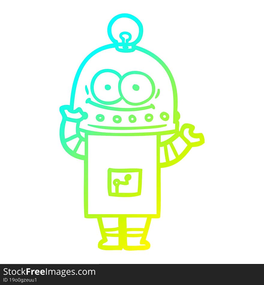 cold gradient line drawing happy carton robot with light bulb