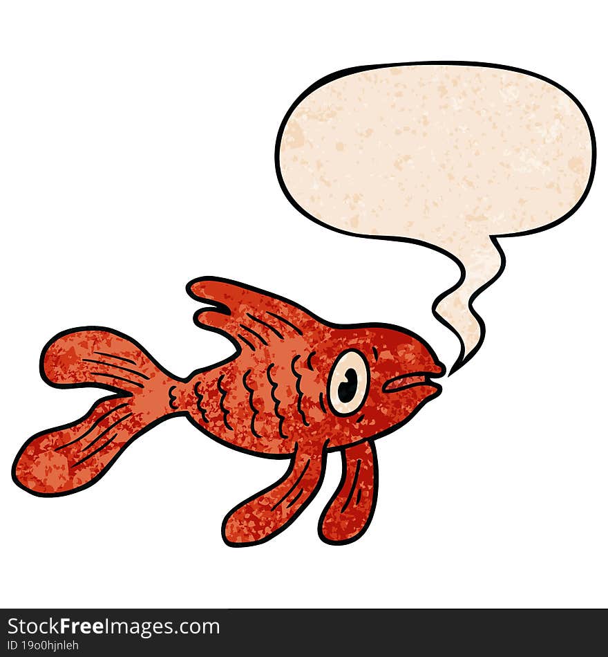 cartoon fish and speech bubble in retro texture style