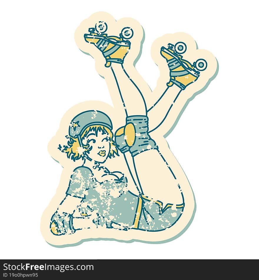 distressed sticker tattoo style icon of a pinup roller derby girl