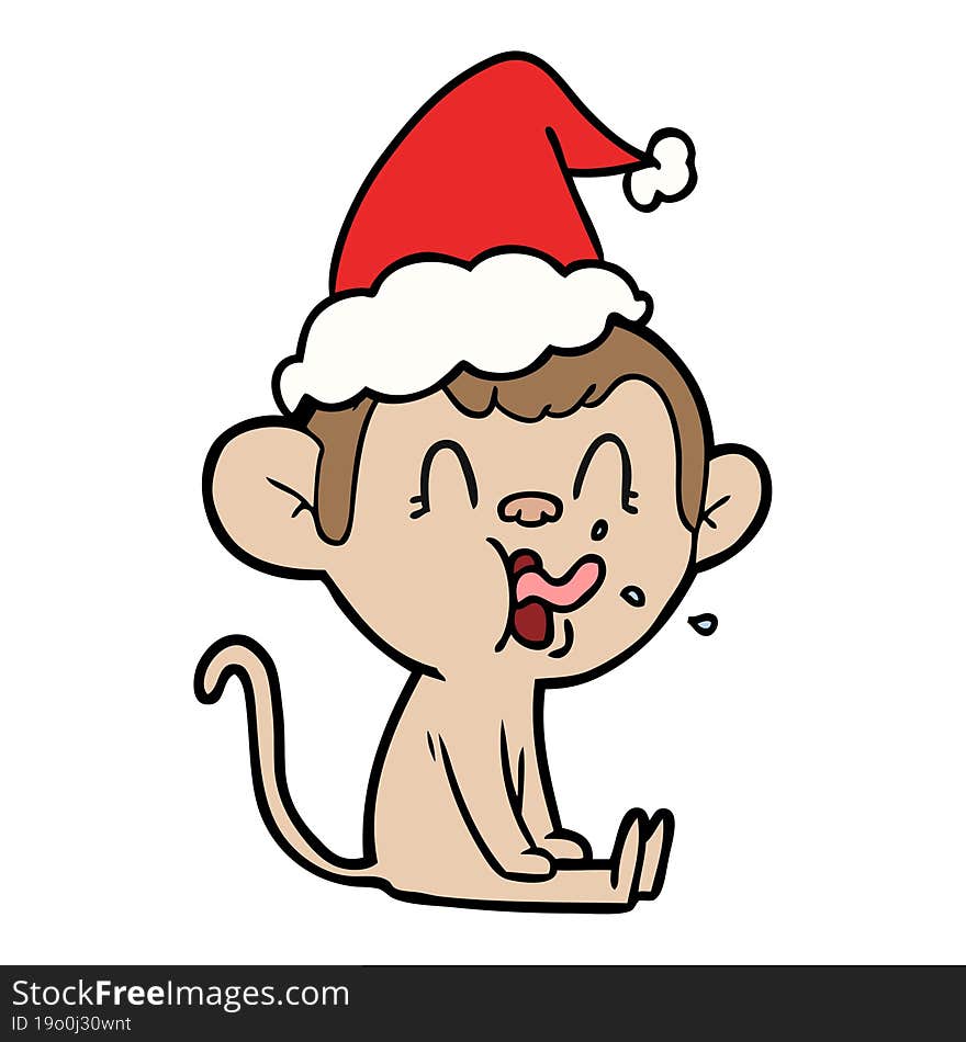 crazy line drawing of a monkey sitting wearing santa hat