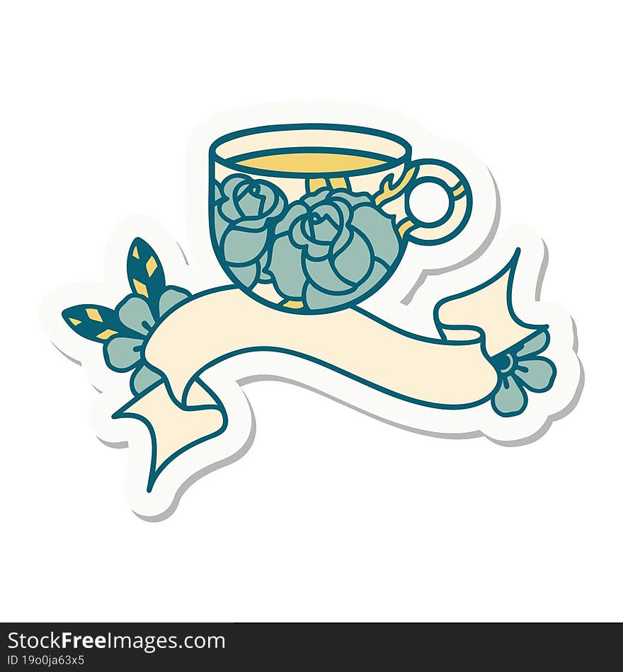 tattoo sticker with banner of a cup and flowers