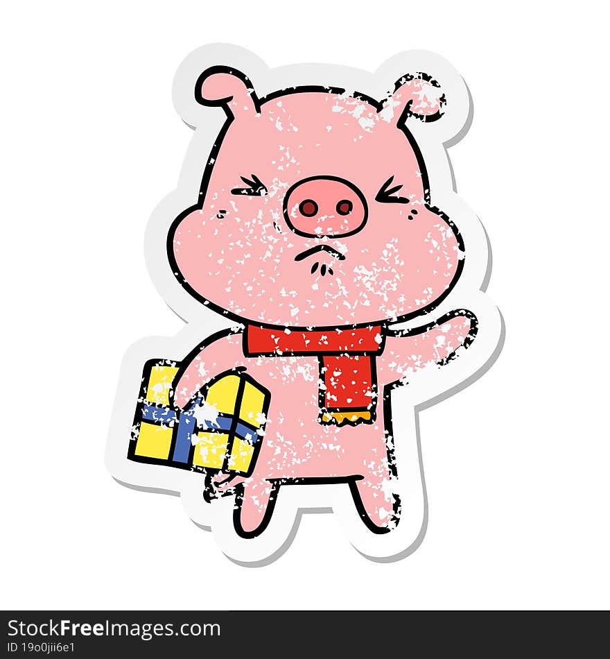 Distressed Sticker Of A Cartoon Angry Pig With Christmas Present