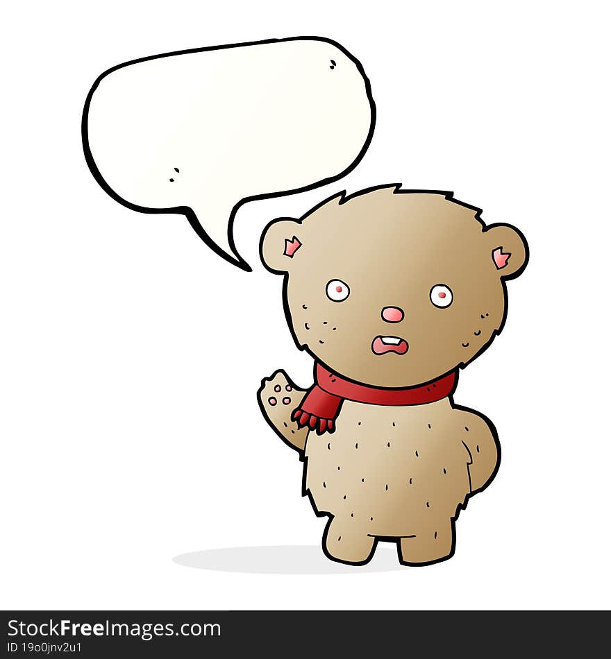 cartoon teddy bear wearing scarf with speech bubble