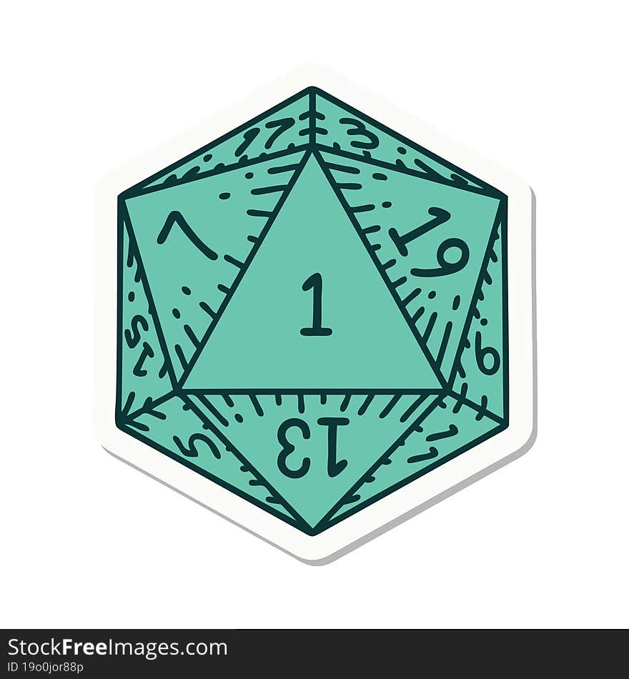 sticker of a natural 1 D20 dice roll. sticker of a natural 1 D20 dice roll