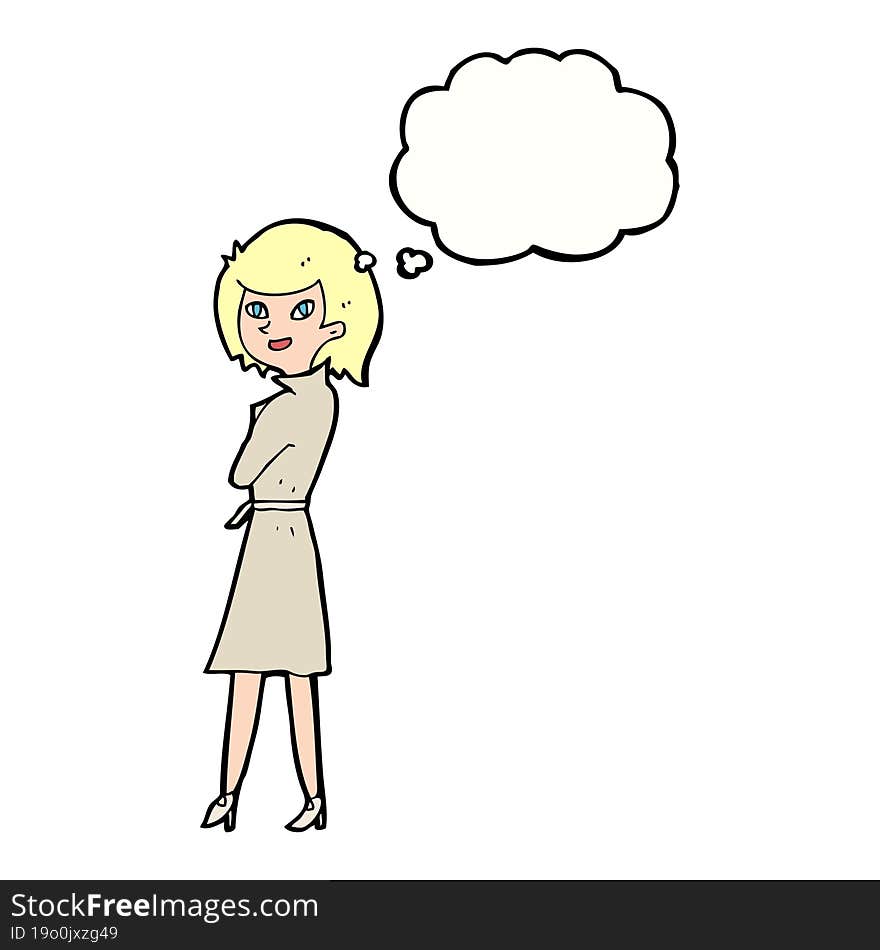 cartoon woman in trench coat with thought bubble