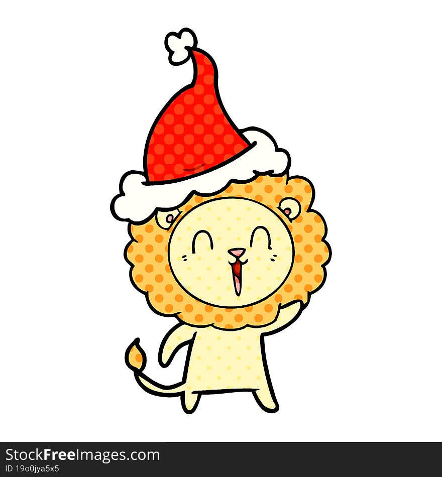 laughing lion hand drawn comic book style illustration of a wearing santa hat