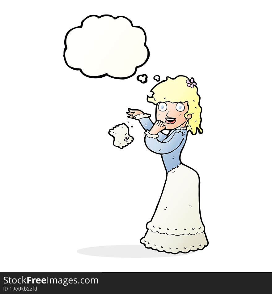 cartoon victorian woman dropping handkerchief with thought bubble