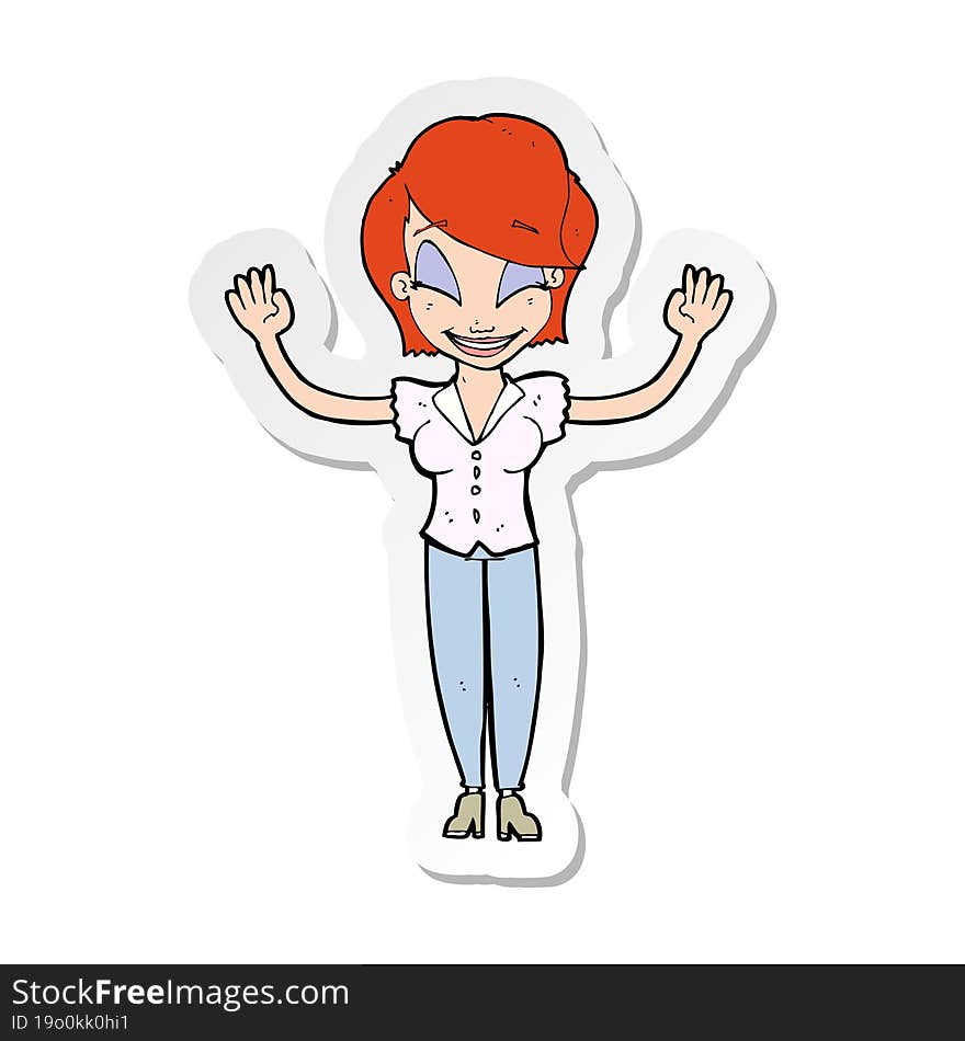 sticker of a cartoon pretty woman with hands in air