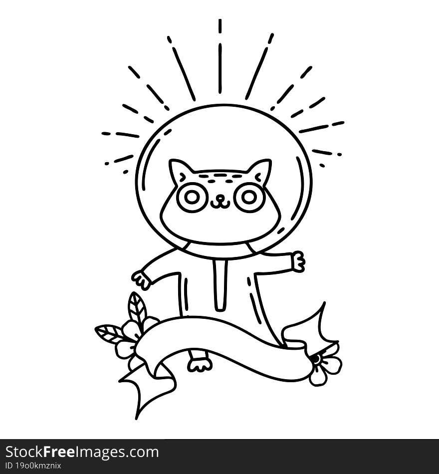 scroll banner with black line work tattoo style cat in astronaut suit