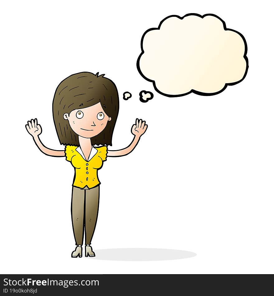 cartoon woman holding up hands with thought bubble