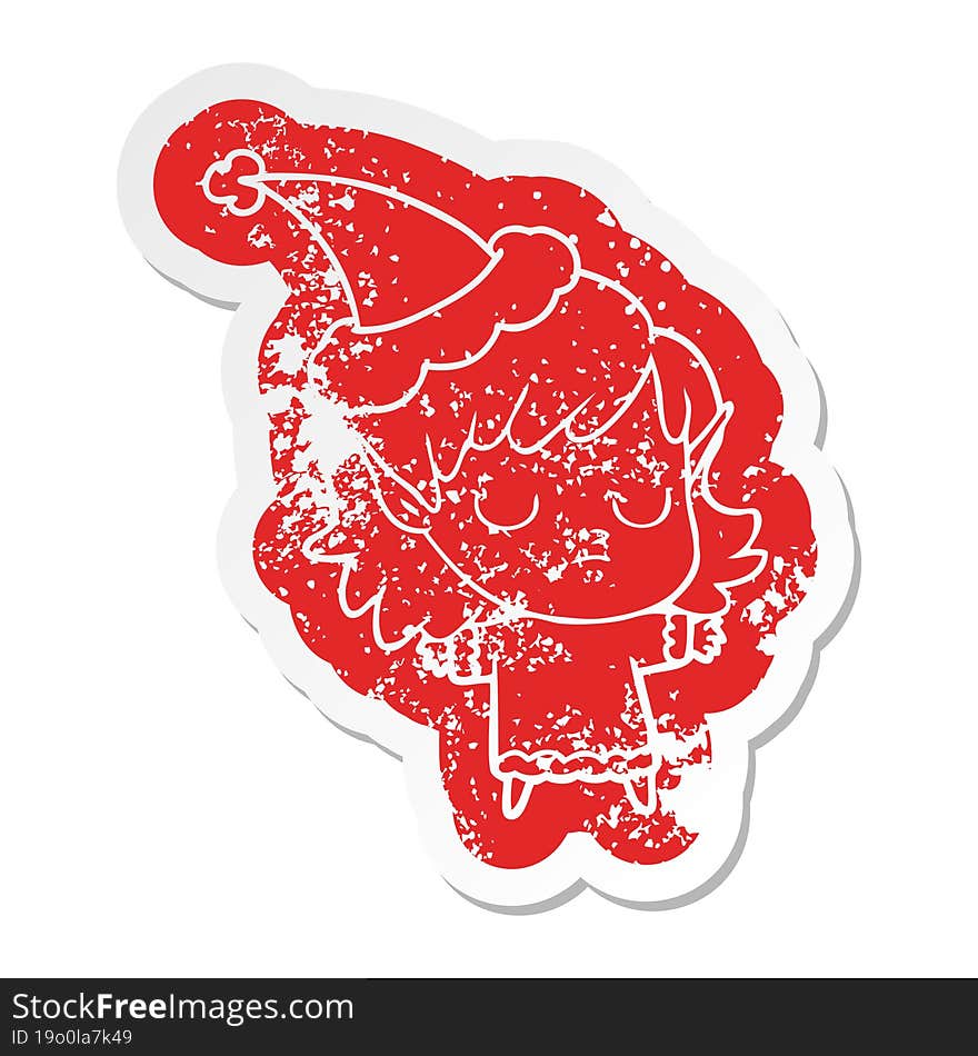 Cartoon Distressed Sticker Of A Elf Girl Wearing Santa Hat