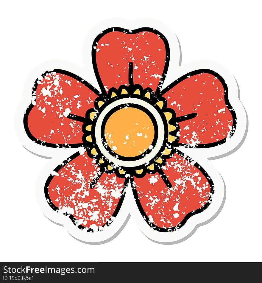 traditional distressed sticker tattoo of a flower