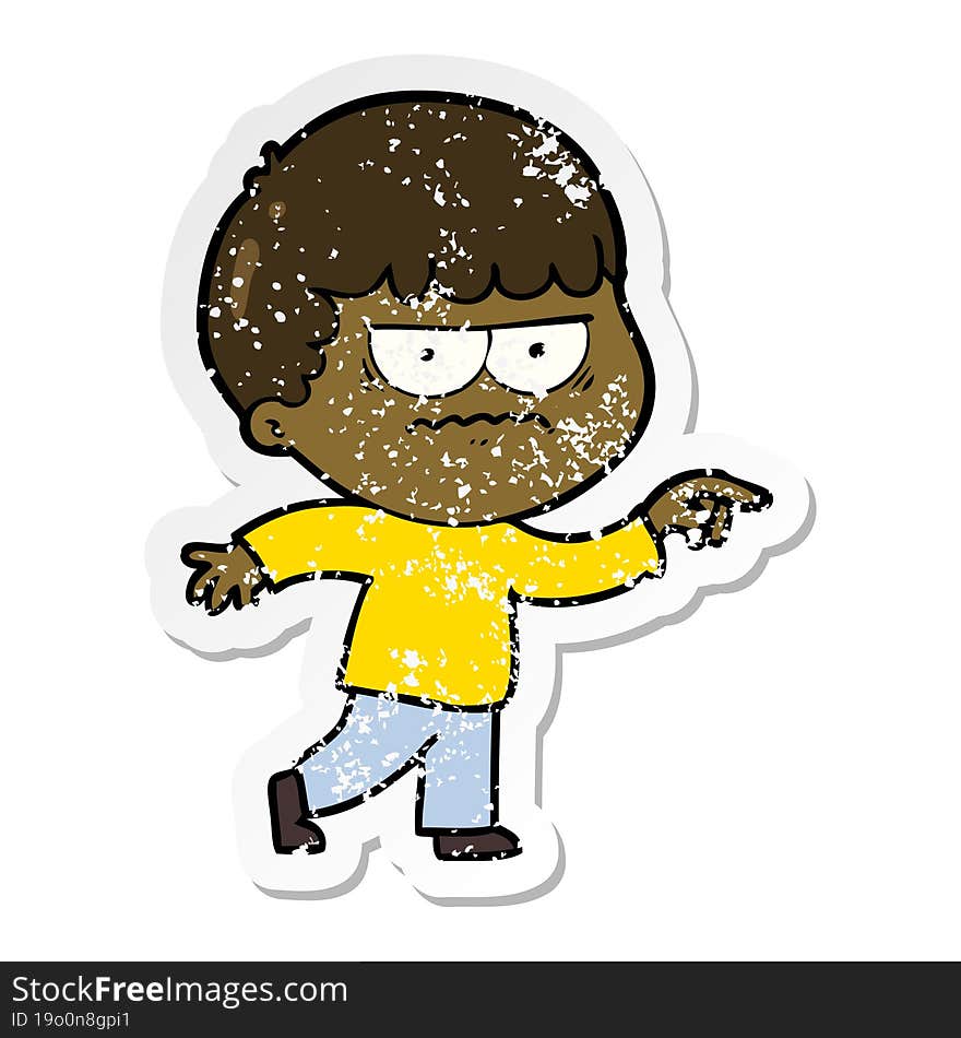 distressed sticker of a cartoon annoyed man