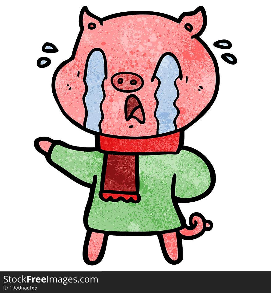 crying pig cartoon wearing human clothes. crying pig cartoon wearing human clothes